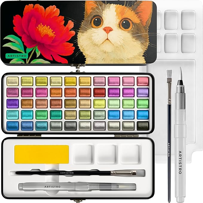 ARTISTRO 50 Metallic Colors Watercolor Paint Set - Portable Paint Set with Palette and Brush Pens - Travel Water Color Kit for Adults, Professionals, Kids - Art and Painting Supplies - Christmas Gift