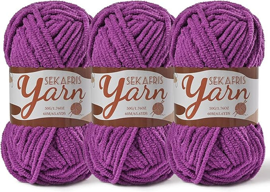 3 Pack Fluffy Velvet Yarn for Crocheting，Baby Blanket Yarn for Crocheting Soft，150g(196.8yds) Amigurumi Yarns，Plush Chenille Crochet Yarns，Puzzle Yarn for Crochet Weaving Craft(3 Dark Purple)
