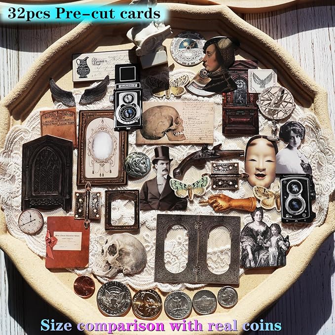 Vintage Junk Journal Items Kit Pre Cut Paper Cards Cutout Cardstock Art Aesthetic Decor Hollow Out Craft Elements Small Embellishments Supplies for Adults Scrapbook Pack (Characters)
