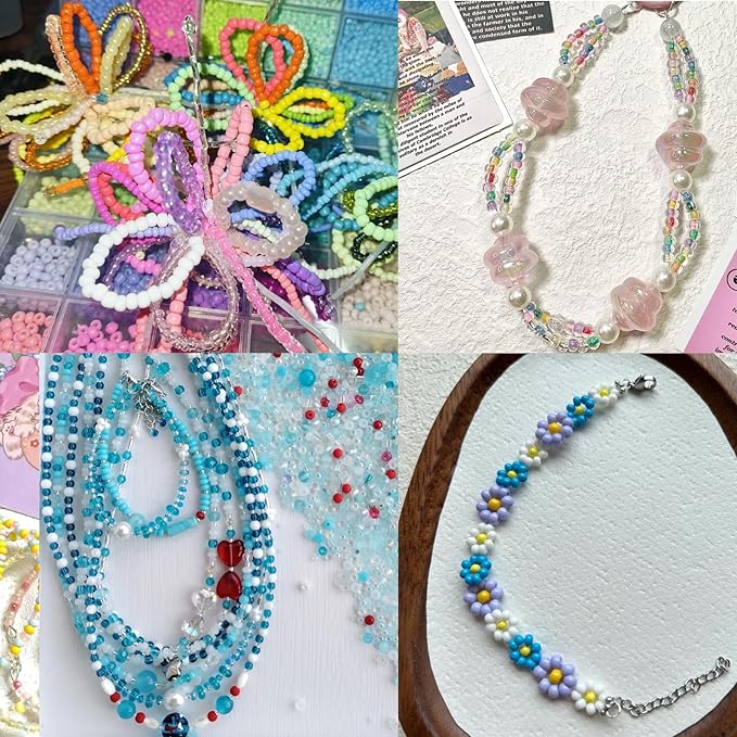 EuTengHao 6/0 Glass Seed Beads Small Craft Beads for DIY Bracelet Necklaces Crafting Jewelry Making Supplies with Jewelry Accessories & Two 0.8mm Clear Bracelet String (4mm, 24 Colors)
