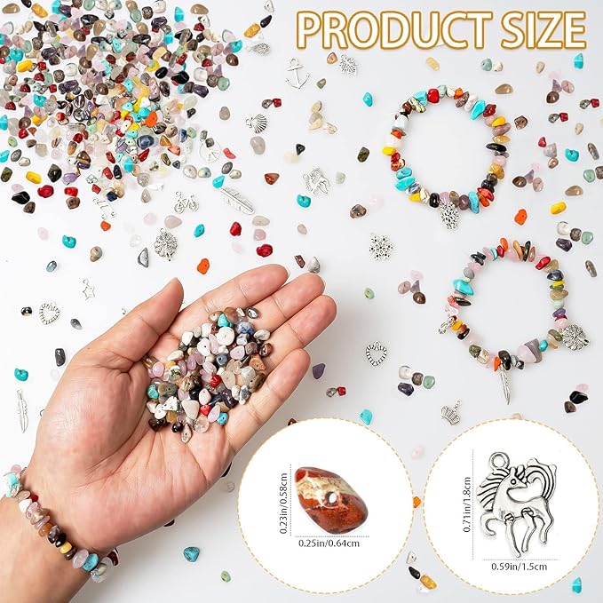 Natural Chip Stones for Bracelet - 400pcs 5mm to 8mm Gemstones Healing Loose Rocks Bead Hole Drilled DIY with 30pcs Silver Charms for Bracelet Necklace Earrings Jewelry Making Craft