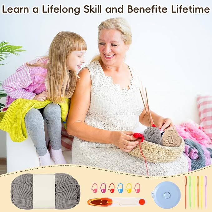 GliCraft Knitting Kits for Beginners Adults Hat Knit Kit with Yarn, Knitting Needles, Faux Pom, Scissors, Measuring Tape Practical and Easy to Use Complete Beginners for Women Men Present(Warm Grey)