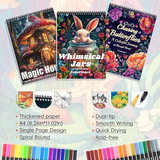 3Pcs Adult Coloring Book for Women Relaxation, Spiral Bound Adult Coloring Books for Women with 36 Markers, 36 Dual Tip Colors Markers, Mindfulness Gifts - 72 Patterns