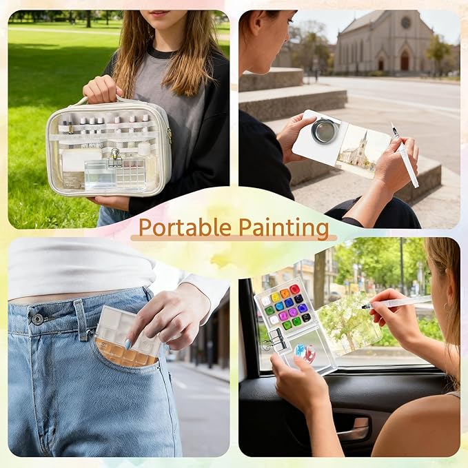Mini Watercolor Palette Set,34Pcs Artist Watercolor Palette Travel Set with Colors,Wooden Paint Box,Brush,Holder,Oil Cup,Plastic Bottles Storage Bag for Beginners Artists Student(15 Grids)
