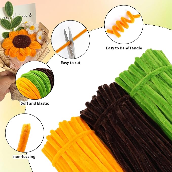 300 Pcs Thick Pipe Cleaners,Craft Supplies Floral Bonquet,DIY Flower Making Kit for Starter with Floral Wires, Gardening Tape,Stamen (Brown+Gold+Green)