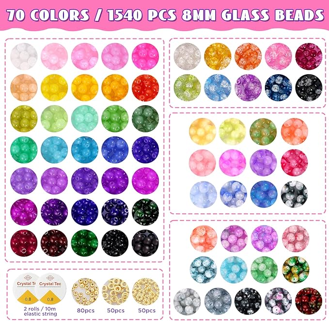 8mm Glass Beads Bracelet Making Kit, 1540pcs 70 Colors Crystal Beads for Jewelry Making, Funtopia Round Glass Beads for Bracelets and DIY Crafts, Solid and Crackle Colors