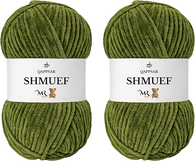 SHMUEF Chenille Yarn 2-Pack – Ultra Soft Velvet Yarn, Super Bulky Weight (5–6 mm), Yarn for Crochet, Amigurumi & Baby Blankets (Olive Green)