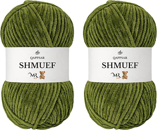 SHMUEF Chenille Yarn 2-Pack – Ultra Soft Velvet Yarn, Super Bulky Weight (5–6 mm), Yarn for Crochet, Amigurumi & Baby Blankets (Olive Green)