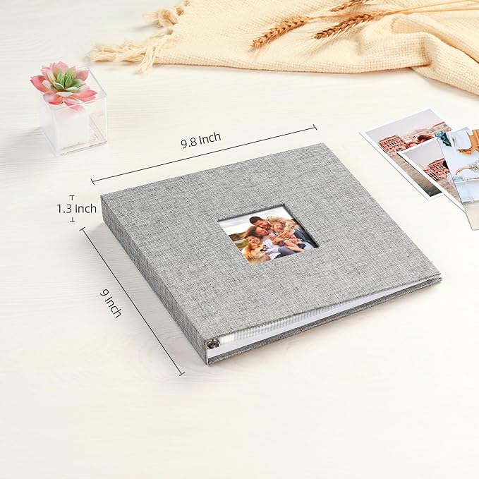 Mublalbum 8x8 Inch DIY Scrapbook Photo Album with 20 Plastic Sleeves 40 Pages Linen Cover 3 Ring Folder Binder for Wedding Baby Family and DIY Projects (Grey)