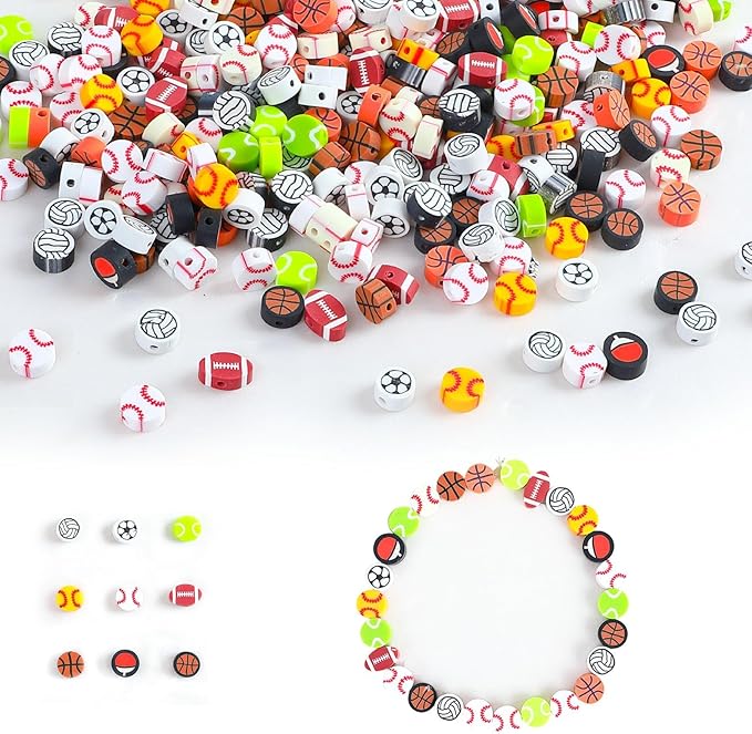 500 Pcs Friendship Sports Ball Polymer Clay Beads Bulk, Charms for Crafts with Elastic String for Making Bracelet Kit Necklace Craft Decor DIY Crafts