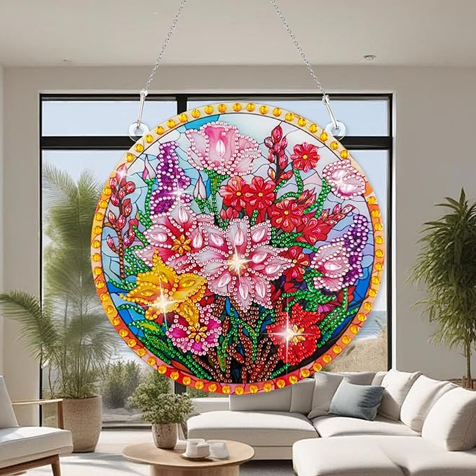 Diamond Art Hanging Kit for Adult, Diamond Painting Ornament Hanging Kit, Special Shaped Rhinestone,DIY Acrylic 5D Art Window Pendants Home Garden Wall Kits,Double Sided (Flower)