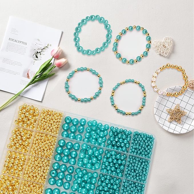 2116 PCS Pearl Beads for Bracelet Making Kit Gold Beads for Jewelry Making Kit Gold Small Spacer Bead Lake Blue Pearl Bead for Crafting Charms Necklace Earrings DIY Craft for Women Adult