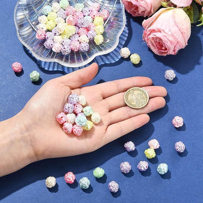 Ipotkitt 100 Pcs Imitation Pearl Acrylic Rose Beads Random Color Spring Flower Beads Valentine Rose Spacer Loose Beads for DIY Jewelry Crafts Supplies Decoration