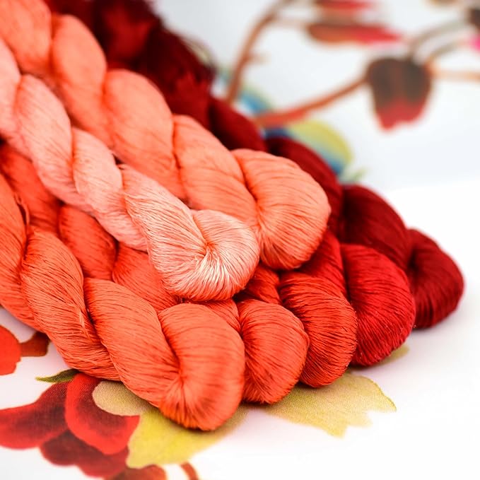Natural Silk Thread for Embroidery, 7 Vibrant Colors, 110m Each, Handmade Silk Floss（07）