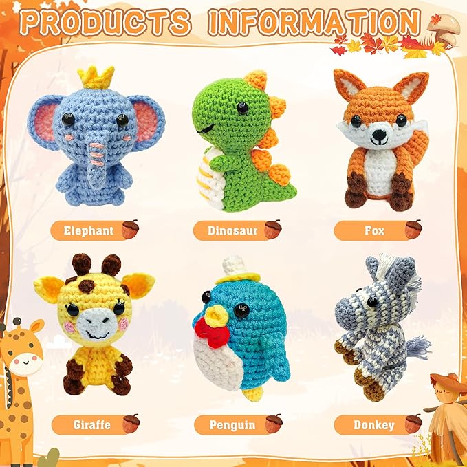asopetch 6pcs crochet kit for beginners, diy craft for adults and kids, great gife for crochet lovers, crocheting animal kits with step by step videos,yarn,crochet hook,birthday, holiday gift