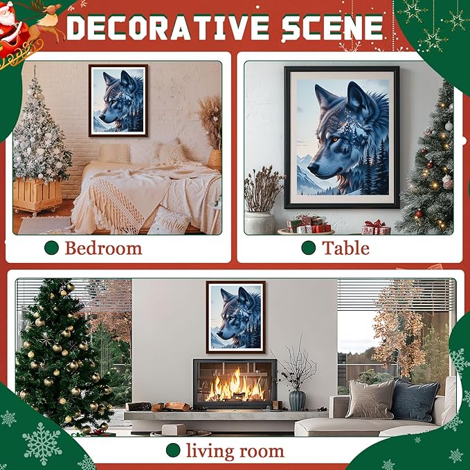 EMIEAUFG Christmas Diamond Art Kits for Adults, Christmas Wolf Diamond Paiting Kit for Beginners, 5D DIY Round Full Drill Craft Diamond Dot Gem Art, Home Wall Decor 12" x 16"