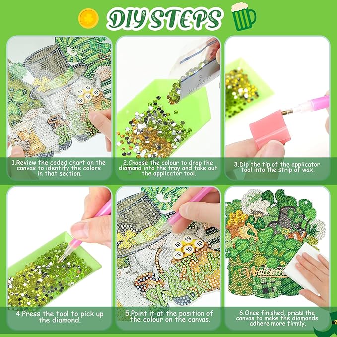 Burbell 3 Pcs St. Patrick's Day Diamond Painting Kits DIY Diamond Painting Hanging Sign Shamrock Gold Coin Beer Truck Gnome Art Kit for St. Patrick's Day Home Wall Decorations Mosaic Crafts Garden