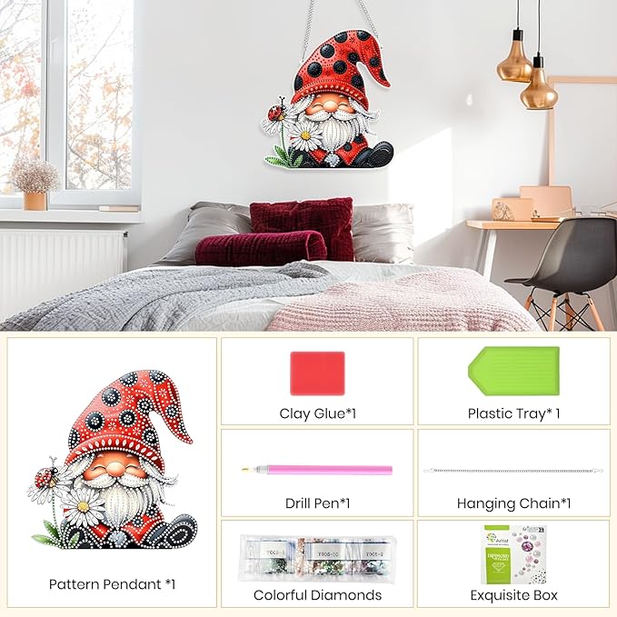 Genius maker Gnome Diamond Art Hanging Kits for Adults, Special Shaped Diamond Painting Kits, DIY Acrylic 5D Crystal Diamond Gem Art Painting Hanging Ornament for Home Wall Decor