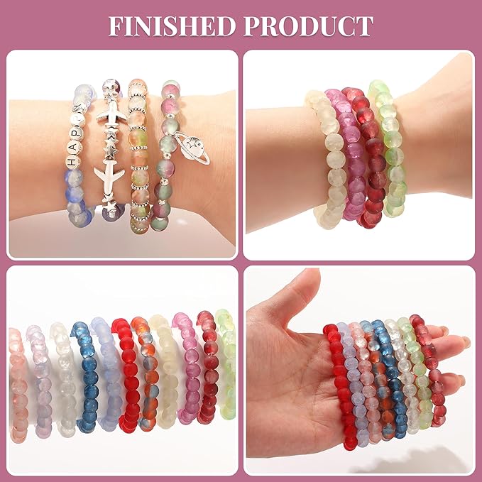 690pcs Frosted Lunar Glass Beads for Bracelets Making, 24 Colors Crystal Beads with Accessories Jewelry Making Kit, 8mm Round Coloured Glaze Beads for DIY Bracelet Crafts, Gifts for Beginners Men
