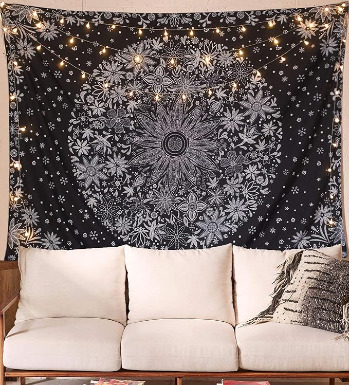 neasow bohemian tapestry wall hanging, black and white floral tapestry with dotted daisy medallion print bedroom boho hippie home decor, 60x80 inches