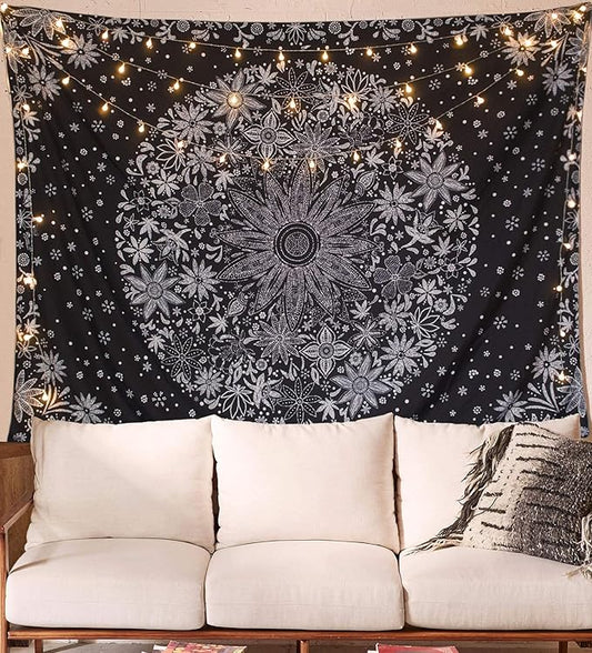 neasow bohemian tapestry wall hanging, black and white floral tapestry with dotted daisy medallion print bedroom boho hippie home decor, 60x80 inches