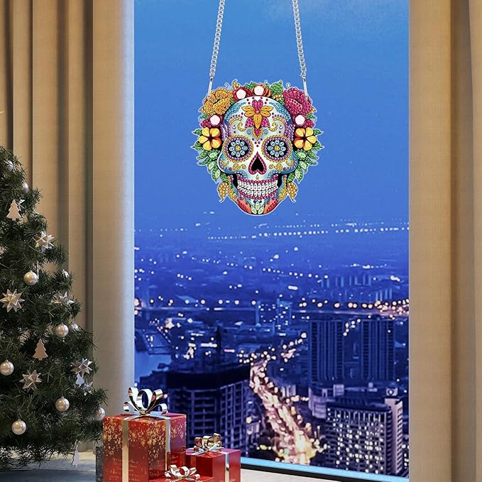 DIY 5D Diamond Painting Hanging Ornament, Skull Design Diamond Art Pendant for Wall, Door, or Window Decoration, Crystal Rhinestone Kit for Halloween, Birthday or Festival Gifts