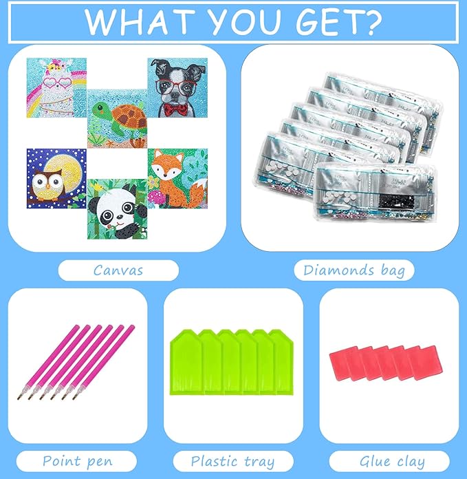 CHWGLFGG 6 Pack 5D Diamond Painting Kits for Kids Beginners, Full Drill Cute Animals Diamond Art Kits, DIY Big Gem Art for Children Ages 6-7-8-9-12, Home Wall Decor 6x6 Inch