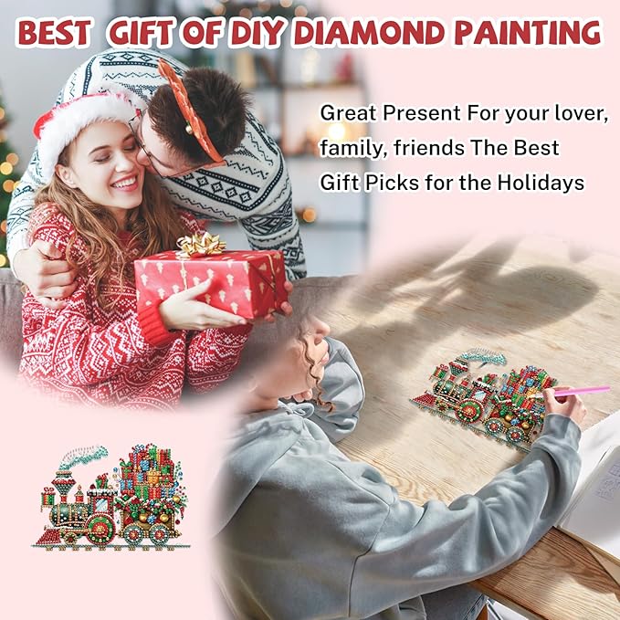 Bowetile Christmas Train Diamond Art Hanging Kits for Adults, Diamond Art Suncatchers, 5D Special Shape Diamond Painting Pendant Window Ornament Christmas Gifts for Home Door Wall Decor