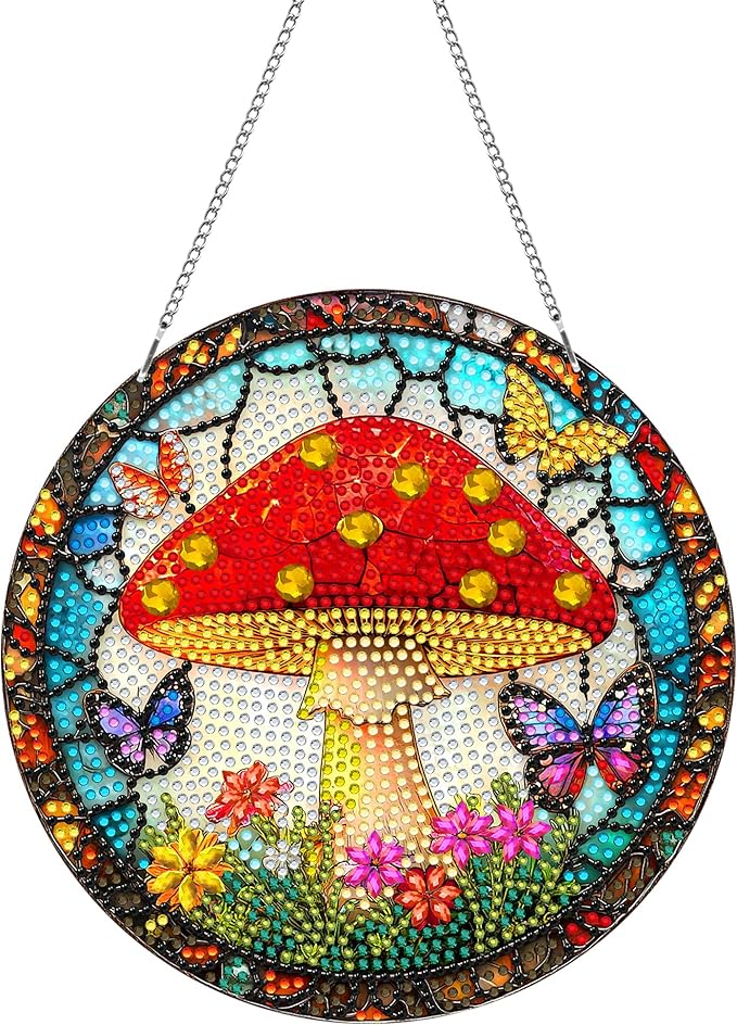 Pavemlo Hanging Diamond Art Kits for Adults Mushroom – 8x8 Inch Double-Sided Acrylic Board DIY Crystal Diamond Suncatcher Pendant, Sparkling Home Wall or Window Decoration Handmade Gift