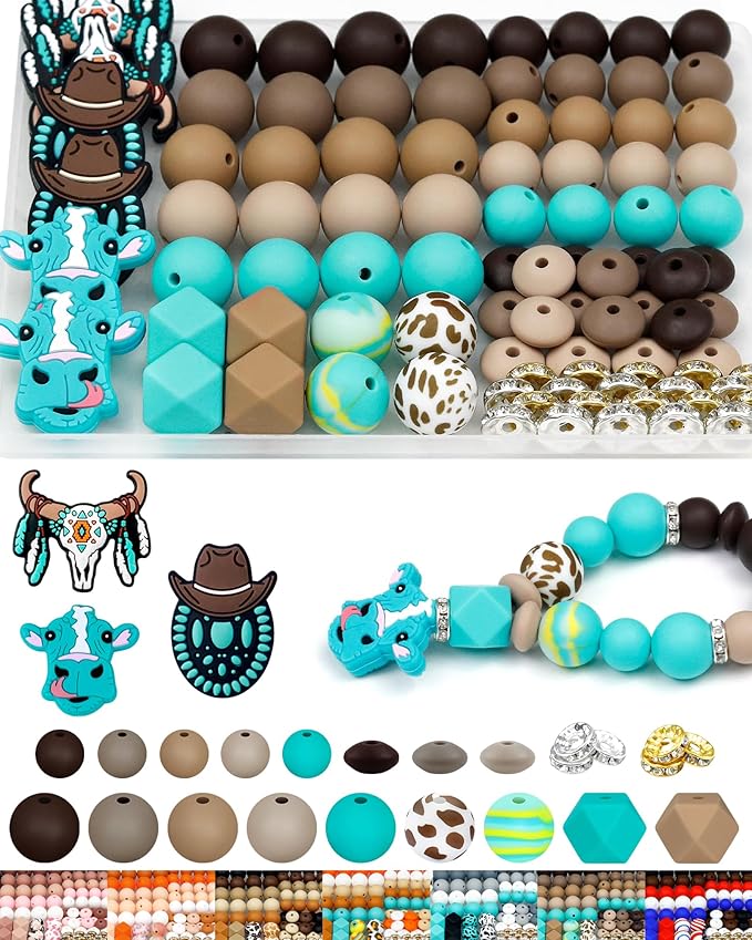 112PCS FIVEIZERO 12mm 15mm Cow Focal Silicone Beads for Keychain Making, Round, Lentil, Hexagonal, Print, 10mm Rhinestone Rondelle Spacers Beads for Bracelet, Pens, Necklace Crafts(Brown Green)