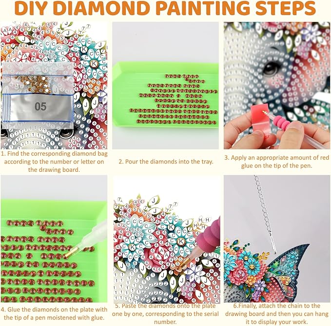 MEIYUDA Elephant Diamond Art Hanging Kits for Adult, Butterfly Elephant Diamond Painting Hanging Kits Ornaments, Animals DIY Special Shaped Rhinestone Window Pendant for Home Garden Wall Decor Gift