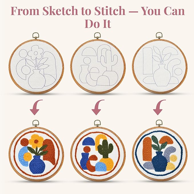 Zyrose Punch Needle Kit for Beginners – Modern Embroidery Kit with Printed Fabric, Non-Slip Hoop, Merino Yarn, 3 Needles – Boho Craft Kit for Adults & DIY Gifts (Boho Abstract)