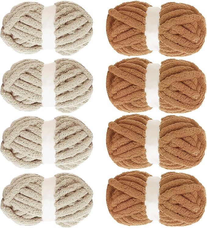 MABOZOO Assorted Chunky Yarn for Crocheting 8 Pack,Fluffy Jumbo Chenille Yarn,Soft Plush Yarn Bulky,Giant Thick Fuzzy Yarn for Hand or Arm Knitting,Khaki & Coffee(31.7 yds,8 oz Each Skein)