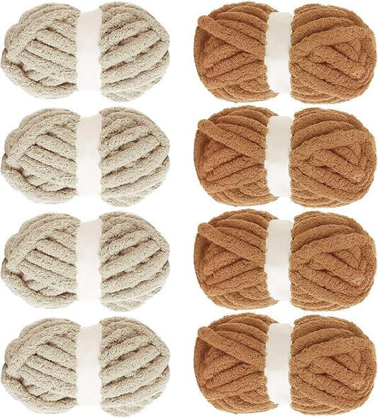 MABOZOO Assorted Chunky Yarn for Crocheting 8 Pack,Fluffy Jumbo Chenille Yarn,Soft Plush Yarn Bulky,Giant Thick Fuzzy Yarn for Hand or Arm Knitting,Khaki & Coffee(31.7 yds,8 oz Each Skein)