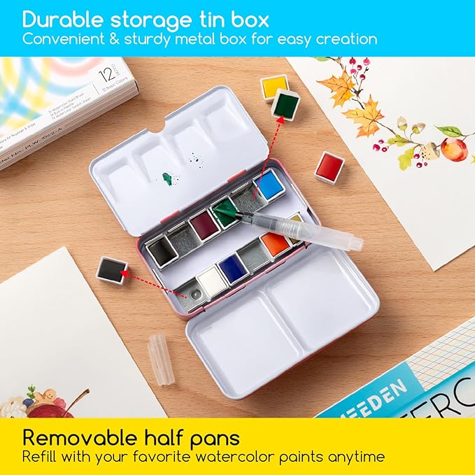 MEEDEN 12 Colors Watercolor Paint Set: Travel Watercolor Set with Brush in Half Pans - Portable Watercolor Paints for Adults & Artist
