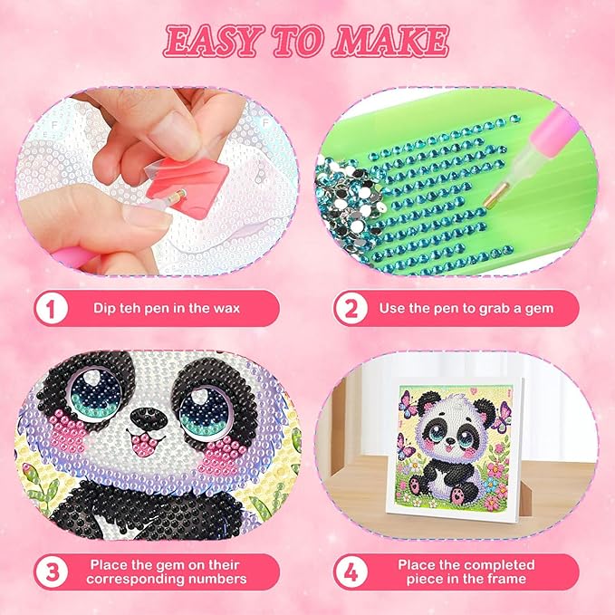 Panda Diamond Art Painting Kits for Kids with Frame, Panda Diamond Art for Kids Ages 4-8-12 with Frame, Easy Small Cute Animal Gem Painting Kit for Gift Home Wall Decoration (7x7 inch)