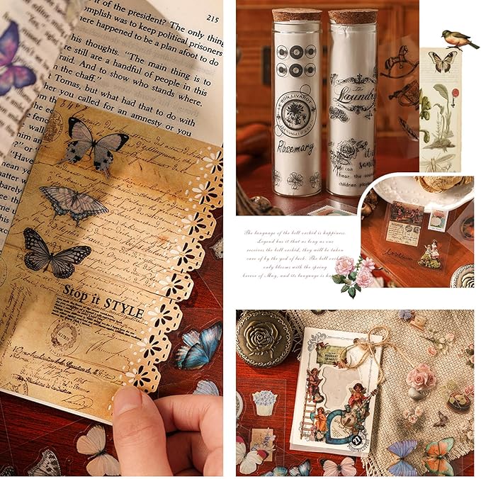 560pcs Black Vintage PET Stickers, Junk Journal Supplies for Adults Transparent Waterproof Scrapbook Stickers, Ephemera for Scrapbooking, Journaling, DIY Art Crafts, Laptop, Water Bottles, Card Making