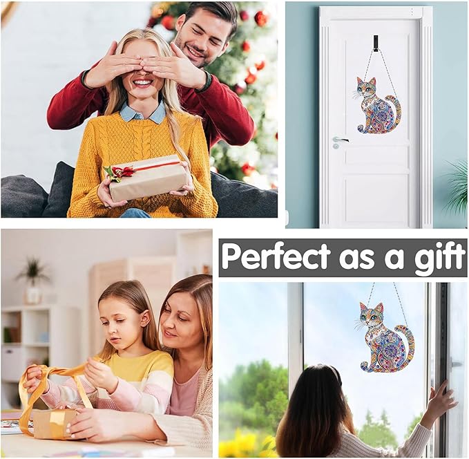 Bimkole Cat Diamond Art Hanging Kit for Adult, DIY 5D Animals Diamond Art Painting Window Pendant, Acrylic Crystal Art Hanging Ornament for Wall Home Garden Front Door Decor - 7.8x7.8 Inch