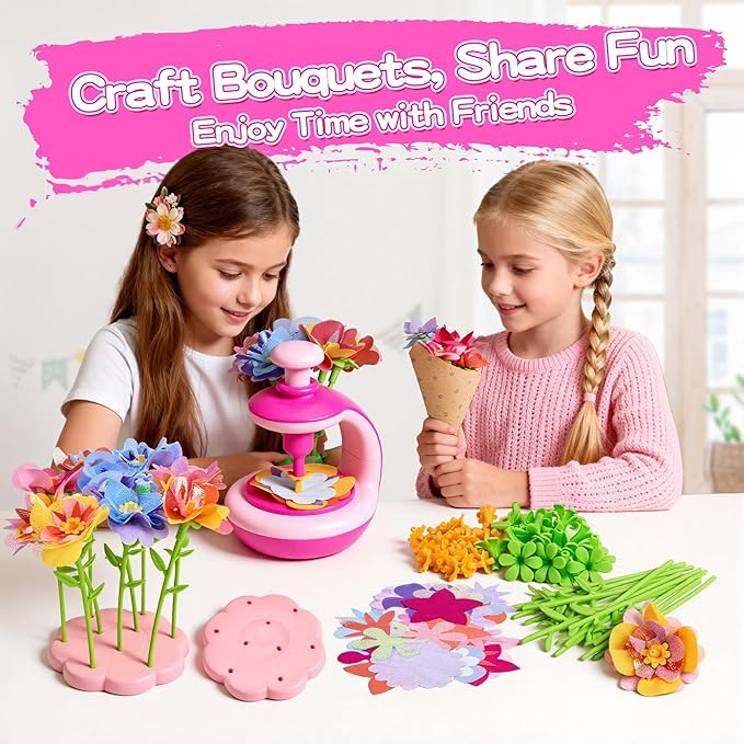 fabric flower bouquet craft kit for kids, diy arts & crafts toy to make your own flower wreaths & reusable felt flowers, educational birthday gift for girls boys ages 4–10