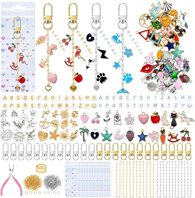 HejVulkan 588 PCS Keychain Making Kit with Charms, Gold and Silver Keychain DIY Kit with Jewelry Chains, Charms, Key Chain Clips, Letter Beads, for Key Chain Making Supplies DIY Crafts