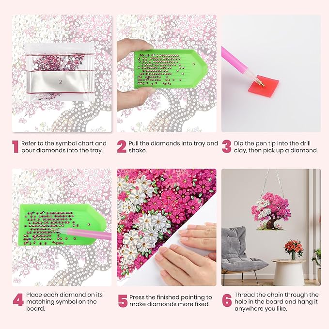 MXJSUA Flower Tree Diamond Art Hanging Kits for Adults Beginners, DIY Acrylic Special Shaped Crystal Flowers Diamond Gem Art Pendant Drills Painting Ornament for Home Wall Decor and Gift