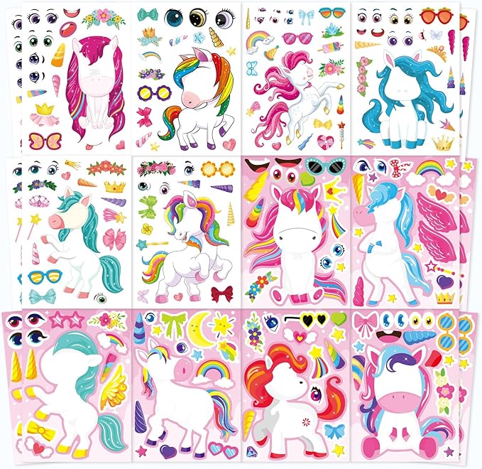 48 sheets make your own unicorns stickers for kids toddlers, make a fantasy face stickers for girls birthday party favors activities, valentines day gifts for kids classroom