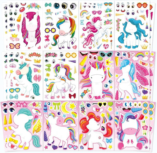 48 sheets make your own unicorns stickers for kids toddlers, make a fantasy face stickers for girls birthday party favors activities, valentines day gifts for kids classroom