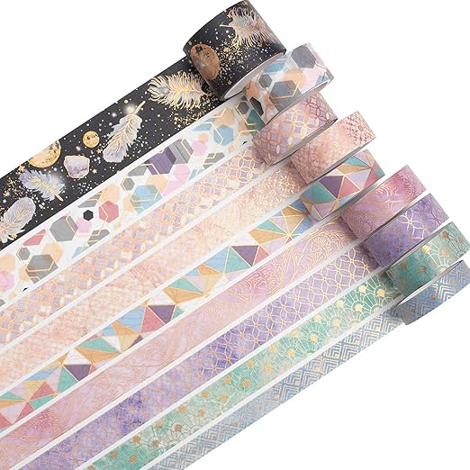 YUBBAEX Mystic Gold Washi Tape Set Wide Silver Foil Masking Tape Decorative for Arts, DIY Crafts, Journal Supplies, Planners, Scrapbook, Card/Gift Wrapping (Geometric Aesthetics)