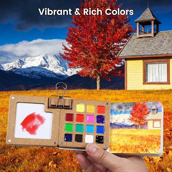 Mini Watercolor Paint Set, Travel Watercolor Paint kit with 24 Colors, Refillable Brush & Sketchbook, Ideal Watercolor Palette for Travel, Creative Painting Kit for Beginners and Artists(15 Gird)