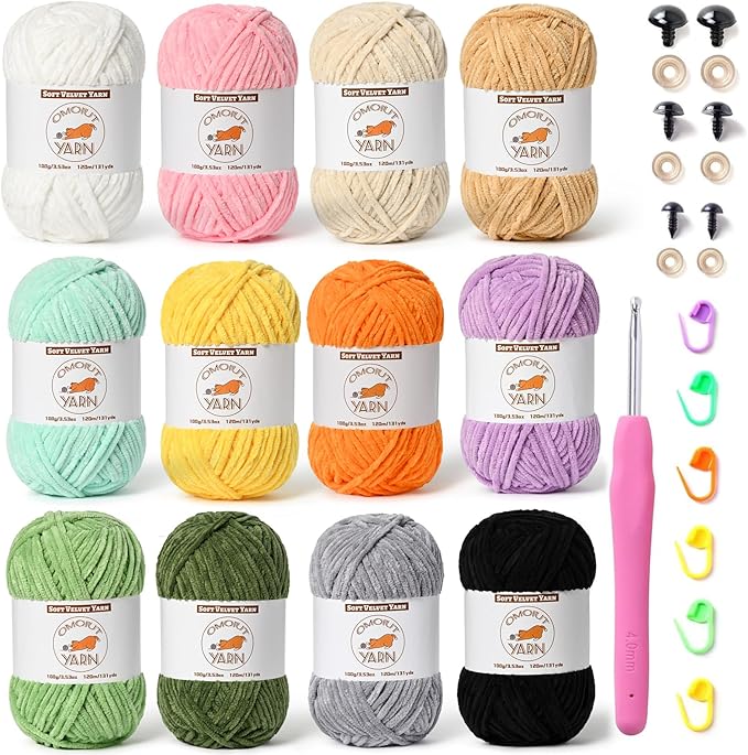12 Skeins Fluffy Chenille Yarn for Crocheting, Soft Bulky Velvet Yarn for Knitting, Plush Baby Blanket Crochet Yarn, 1572 Yards Multicolor Amigurumi Yarn for Crafts Set C