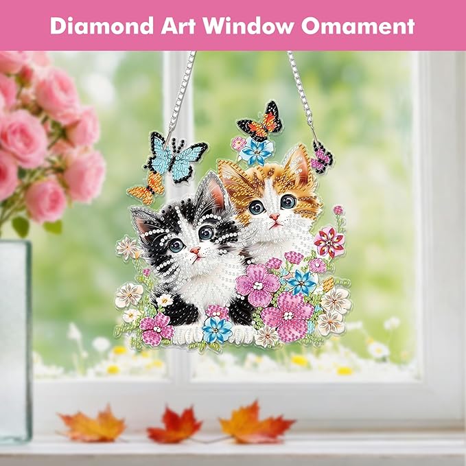 Miwixy Cats Hanging Diamond Art,Black Orange Cats Butterfly Special Shaped Crystal Christmas Diamond Painting Ornament Kit DIY Double-Sided Pattern Window Pendant Gem Art Kit for Home Wall Decor
