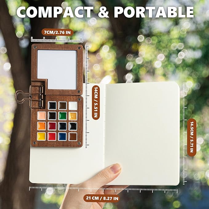 Mini Paint Palette Travel Kit - 15-Colors Pocket Artist Water Color Travel Set with Crossbody Bag, Watercolor Journal, Metal Clip, Paint Water Cup, Water Brush, Wooden Paint Box for Painters Artists