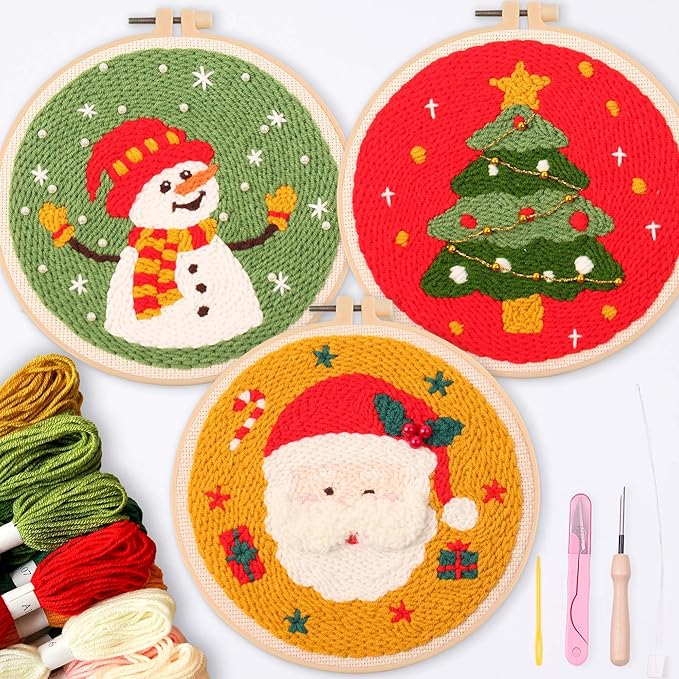 harimau 3pcs beginner embroidery kit,christmas pattern,punch needle kits, including stamped embroidery cloth with 3 embroidery hoops, multicolor color threads for embroidery kit