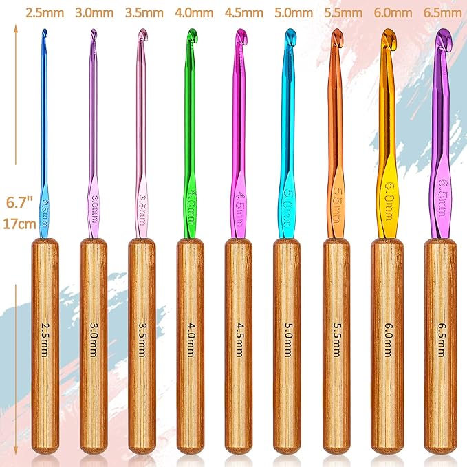 Coopay Bamboo Crochet Hooks Comfort Grip, 6.7" Crochet Kit Longer Aluminum Shaft Crochet Needles for Crocheting, Ergonomic Knitting Hooks Set for Crochet Yarn Craft, Premium Knitting Crochet Supplies